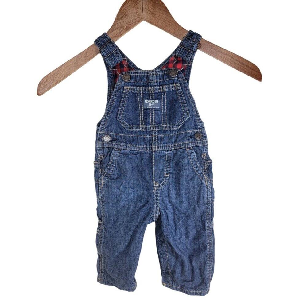 OshKosh Osh Kosh Bgosh 6 months Baby Boys Denim Overalls Blue Plaid Lined
